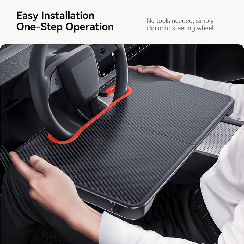 YONZEE 2-in-1 Car Steering Wheel Desk Tray & Car Seat Gap Filler Organizer – Foldable Carbon Fiber Look Table for Laptop, Eating, Writing – for Standard Round Steering Wheels - Image 4